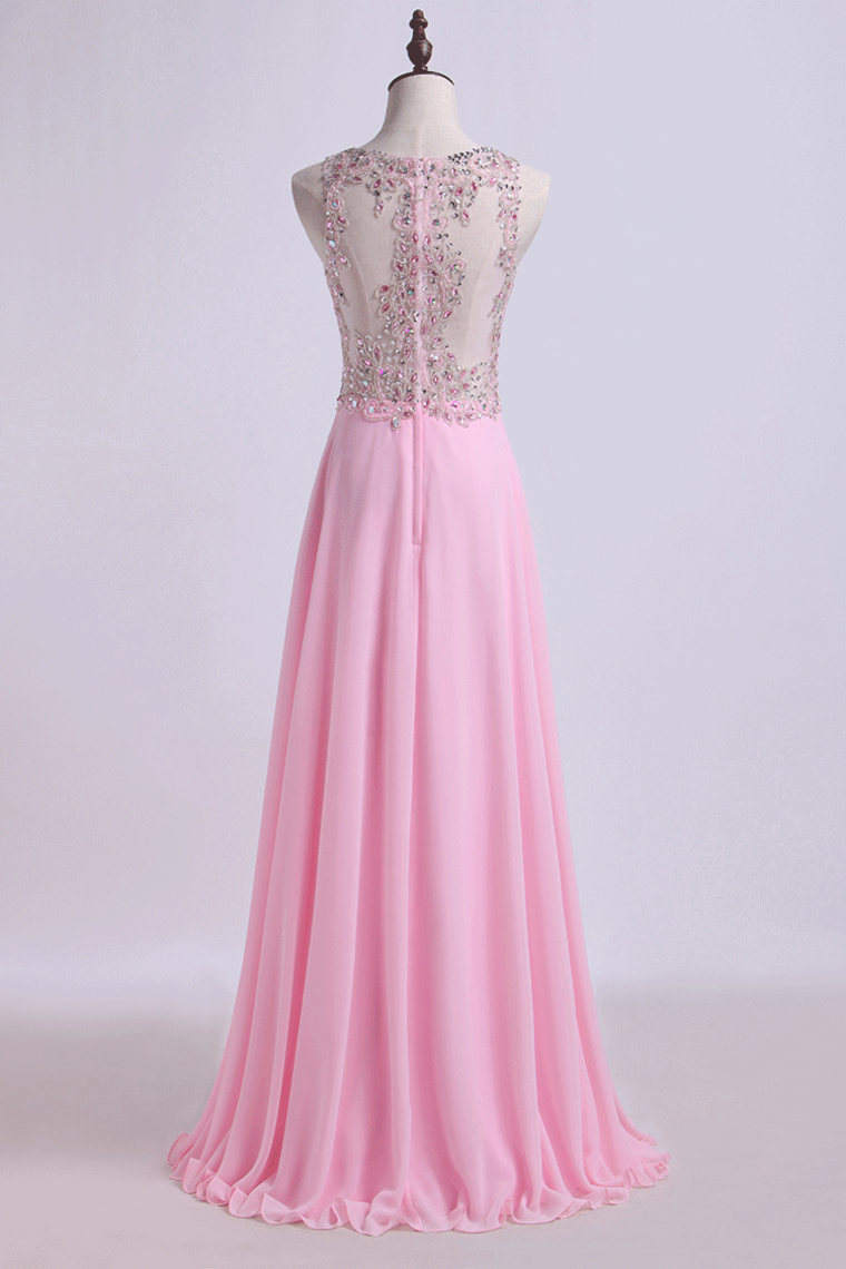 Bateau Prom Dresses A Line Beaded Bodice Chiffon