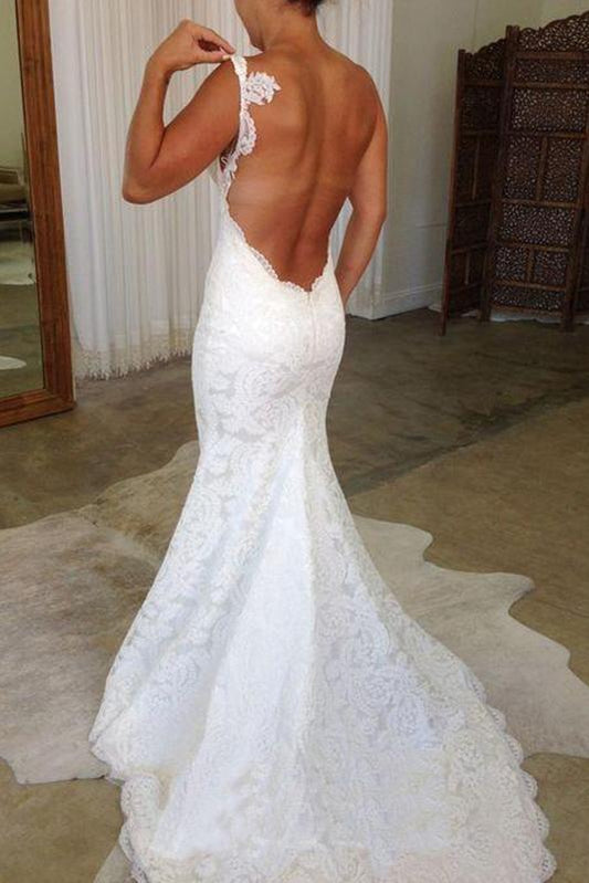 Elegant Mermaid Lace Backless V Neck Spaghetti Straps Wedding Dresses Bridal Dresses SRS15181