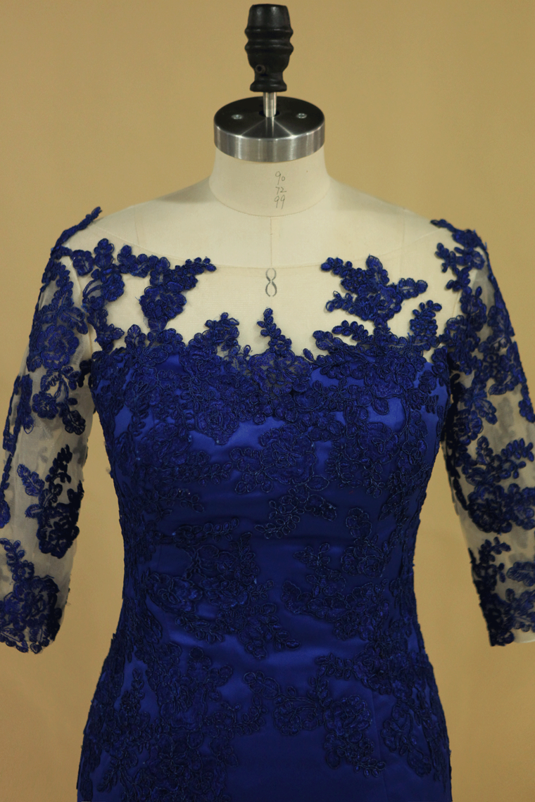 Bateau Dark Royal Blue Mother Of The Bride Dresses 3/4 Length Sleeve With Applique Satin Dark Royal Blue