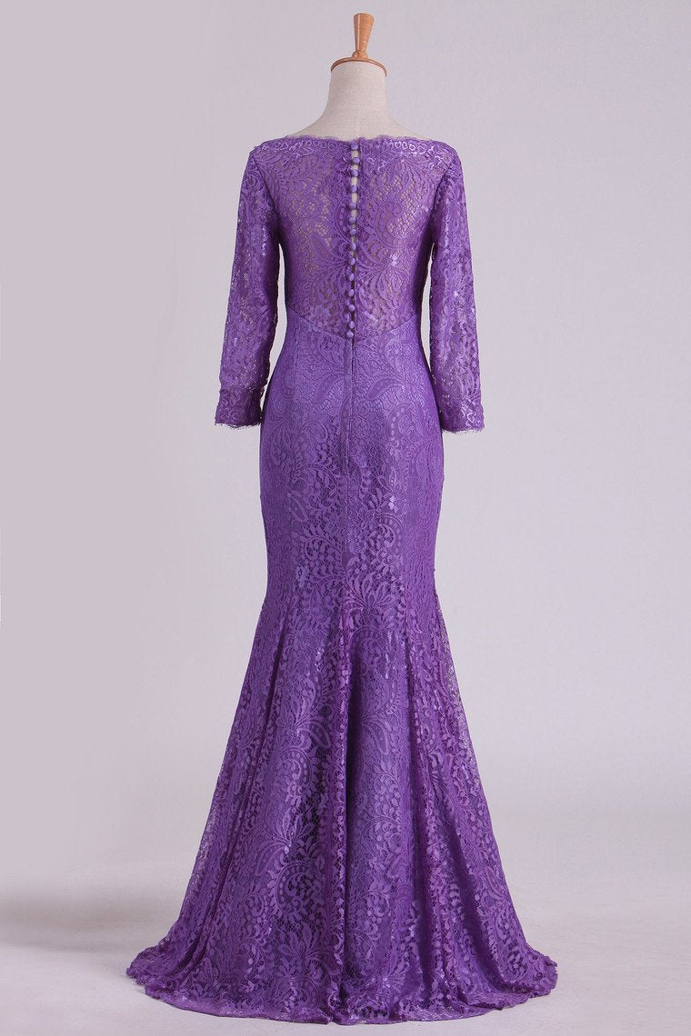 Purple Mother Of The Bride Dresses V Neck 3/4 Length Sleeve Mermaid Lace Floor Length