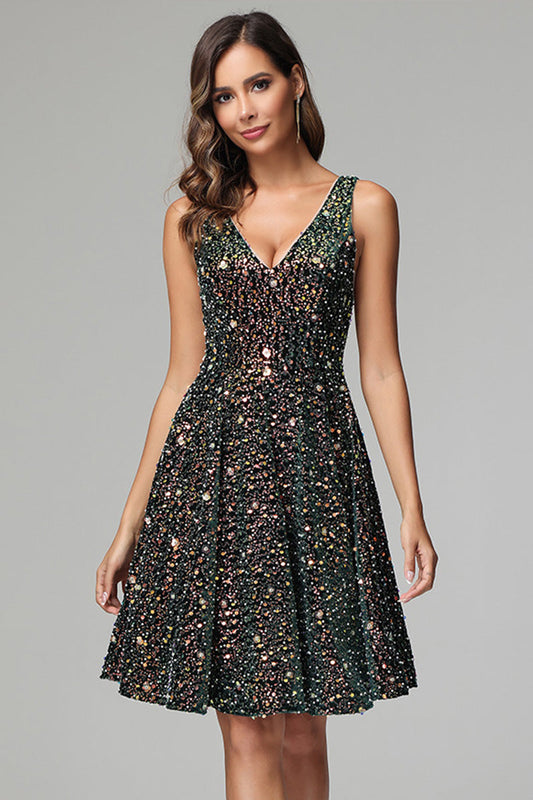 Dark Green A Line V-neck Short Sequins Homecoming Dress