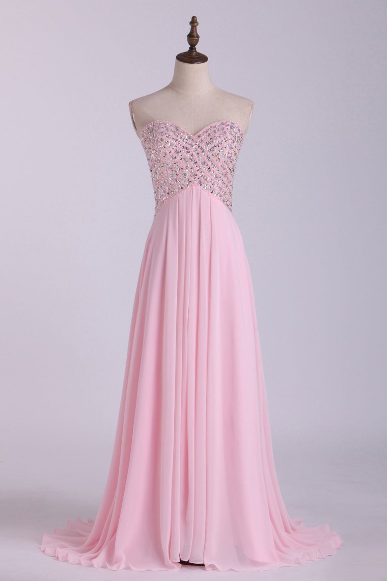 Sexy Open Back Prom Dress Sweetheart A Line Floor Length Chiffon With Beads