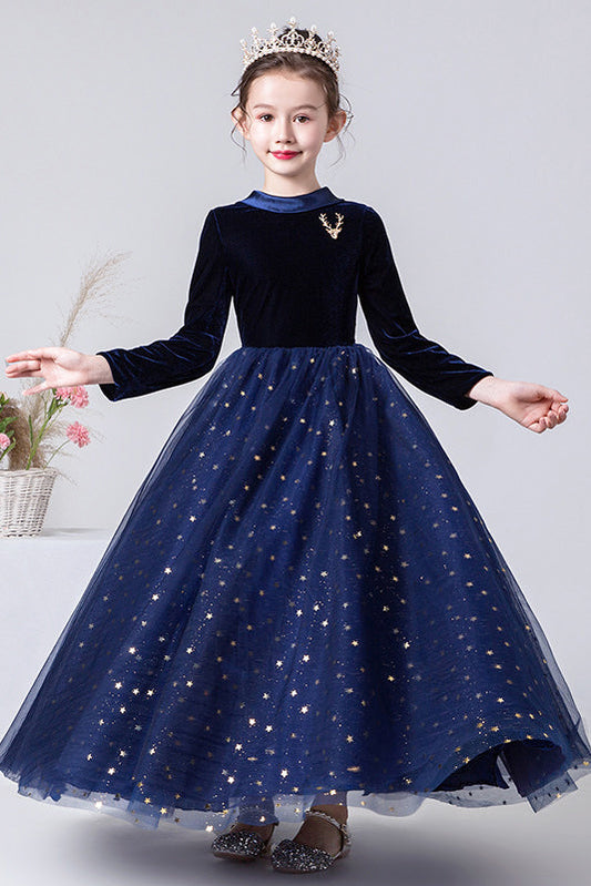 A Line Navy Blue Long Sleeves Star Tulle Flower Girl Dresses