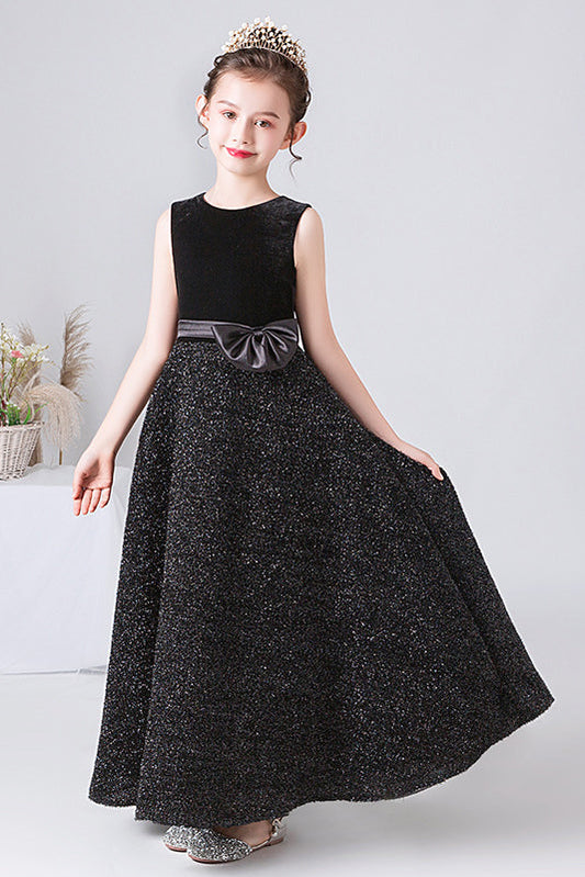 Sparkly A Line Black Sleeveless Bownot Flower Girl Dresses