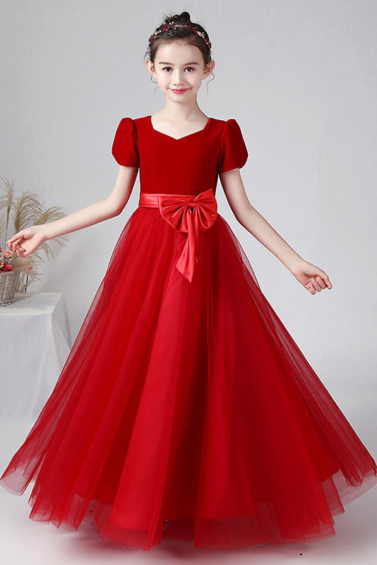 A Line Short Sleeves Tulle Flower Girl Dresses With Bownot