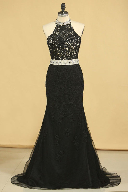 Black Plus Size Prom Dresses Mermaid High Neck Open Back Tulle With Applique & Rhinestones