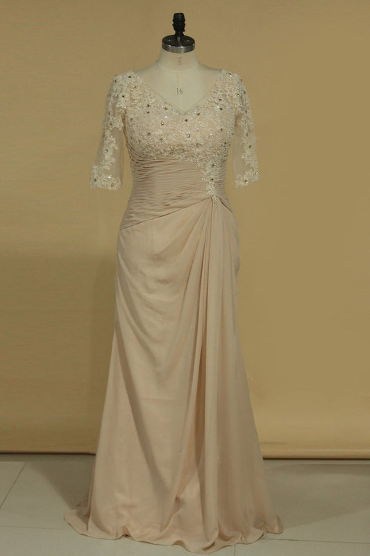 2024 Chiffon V Neck With Applique And Ruffles Sheath Mother Of The Bride Dresses