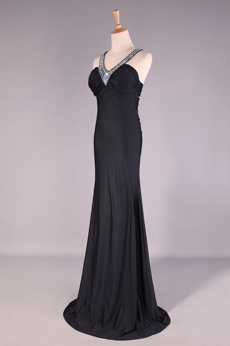 2024 Slim V Neck Prom Dress Sheath Floor Length Open Back Discount Price #2085