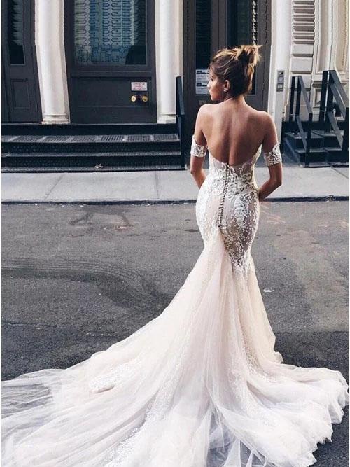 Charming Mermaid Sweetheart Backless Tulle Wedding Dresses with Lace Appliques SRS15111