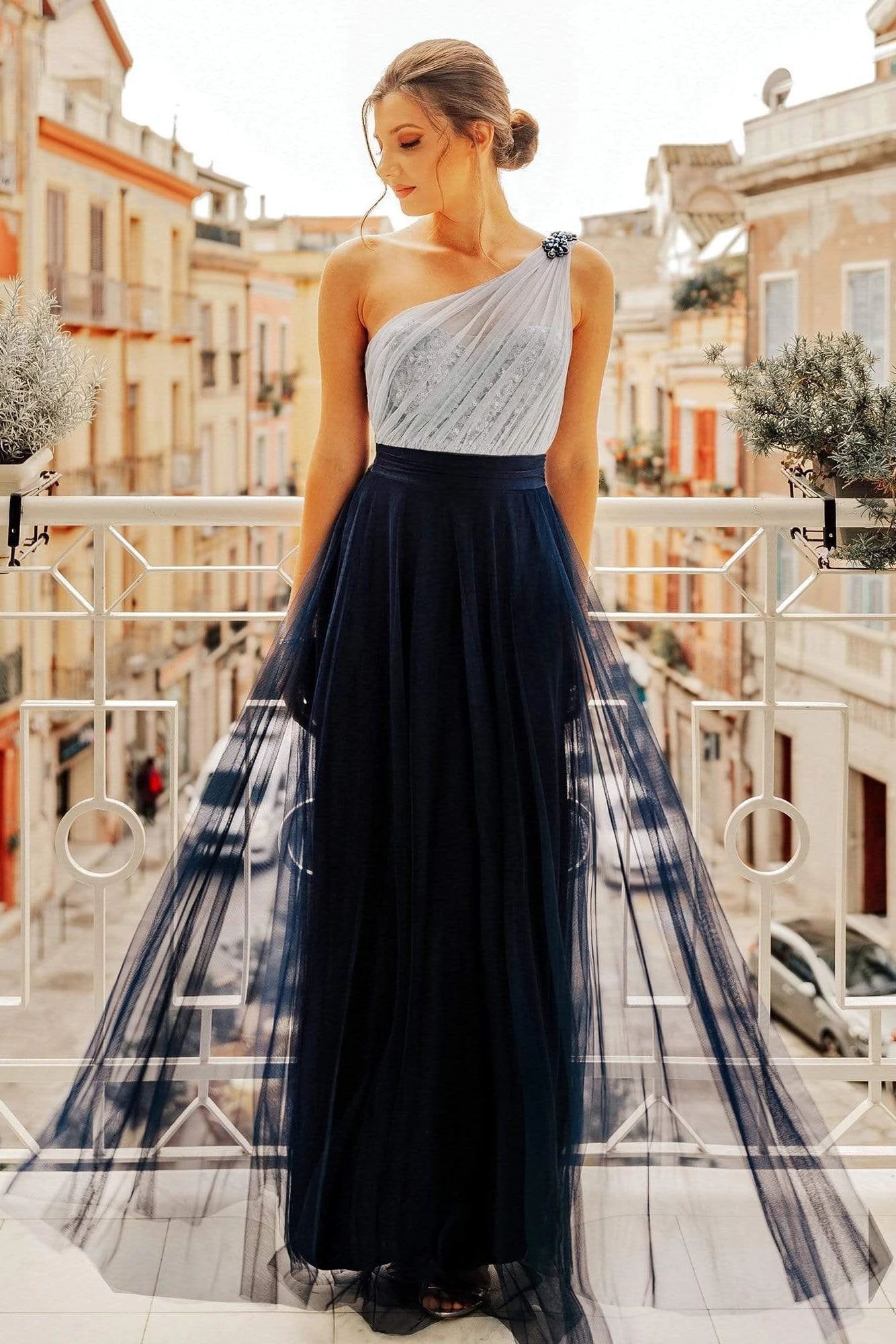 Flowy One Shoulder Navy Blue Tulle Long Prom Dresses, Cheap Formal Dresses SRS15232