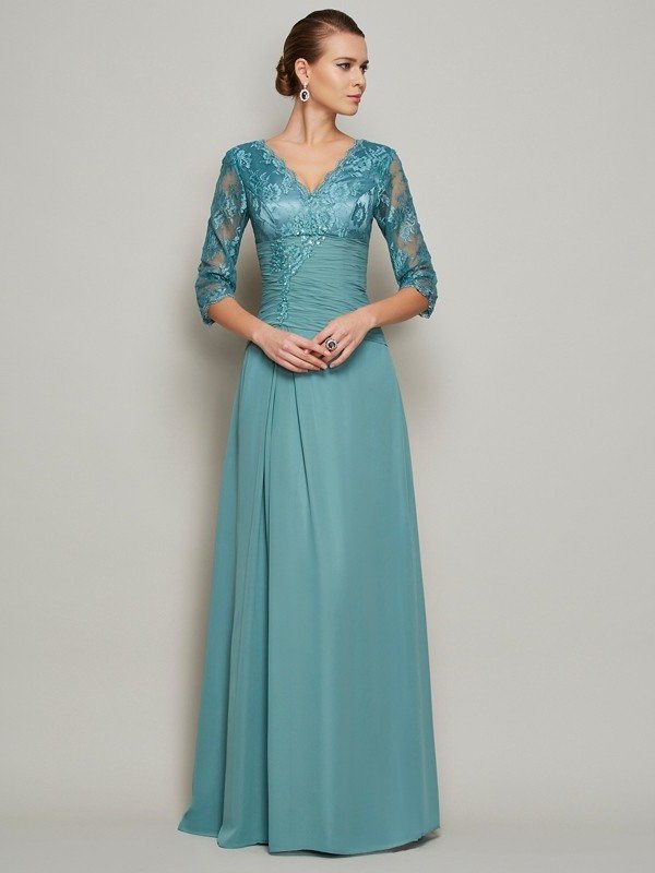 A-Line/Princess V-neck 3/4 Sleeves Lace Long Chiffon Mother of the Bride Dresses DFP0007274