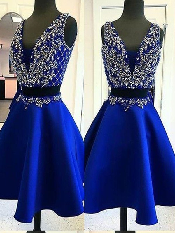 A-Line/Princess Satin Beading V-neck Sleeveless Short/Mini Two Piece Homecoming Dress DFP0003275