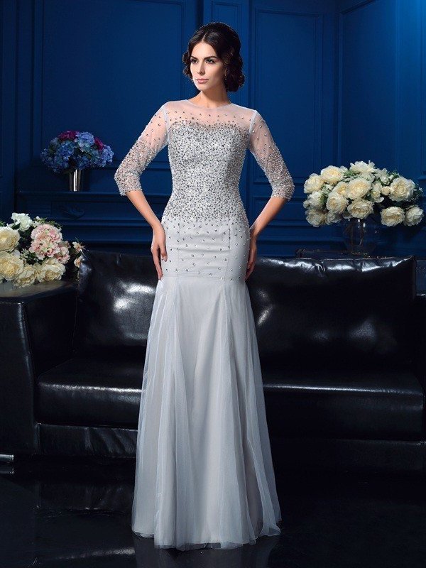 Sheath/Column Scoop Beading 3/4 Sleeves Long Net Mother of the Bride Dresses DFP0007137