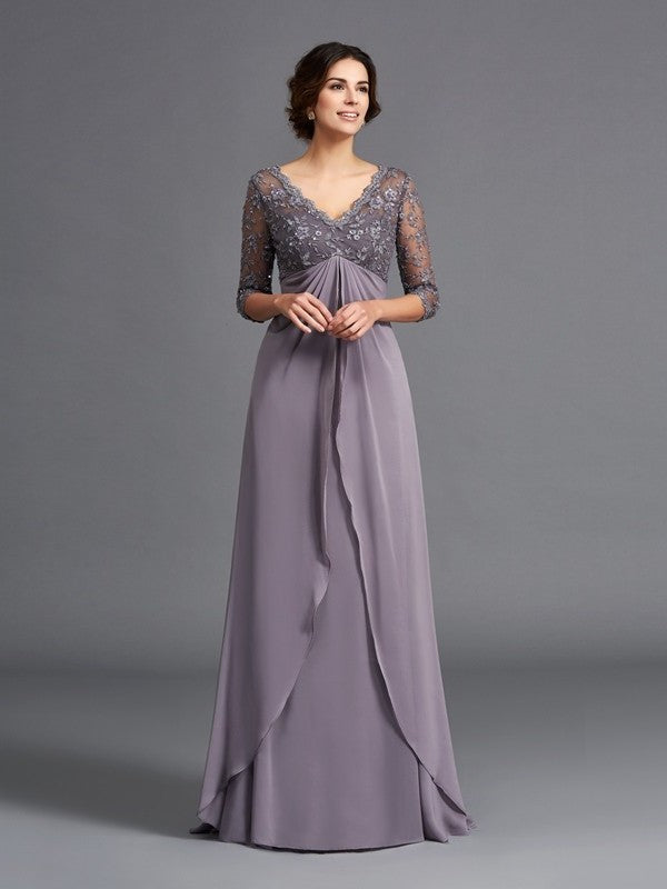 A-Line/Princess V-neck Lace 3/4 Sleeves Long Chiffon Mother of the Bride Dresses DFP0007104