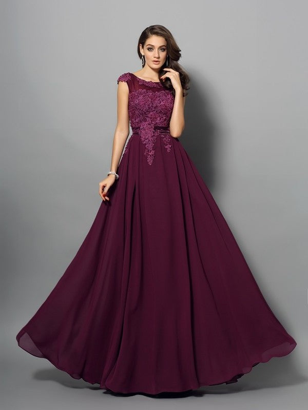 A-Line/Princess Scoop Applique Sleeveless Long Chiffon Dresses DFP0002318