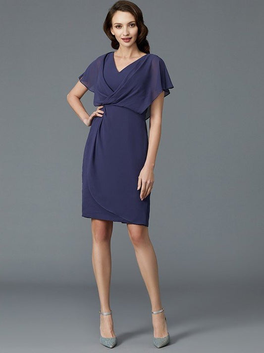 Sheath/Column V-neck Short Sleeves Chiffon Knee-Length Mother of the Bride Dresses DFP0007259