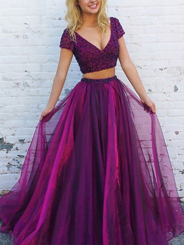 A-Line/Princess V-Neck Short Sleeves Floor-Length Beading Tulle Two Piece Dresses DFP0002097