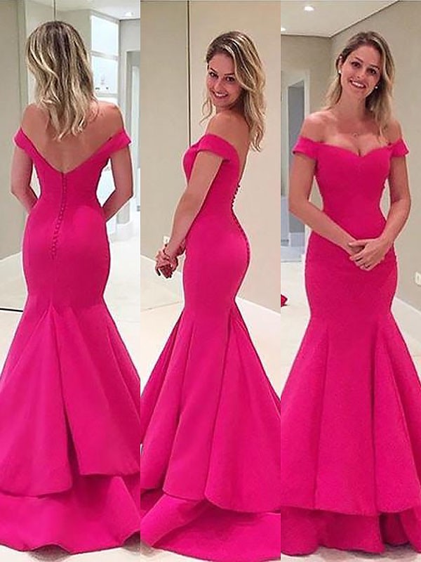 Trumpet/Mermaid Sleeveless Off-the-Shoulder Satin Layers Sweep/Brush Train Dresses DFP0002072