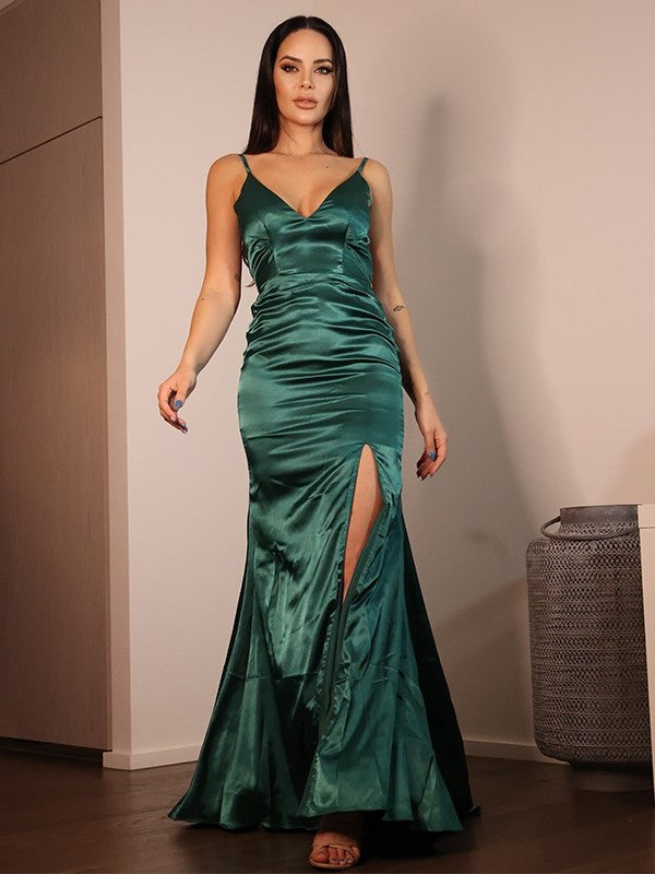 Sheath/Column Silk like Satin Ruched V-neck Sleeveless Sweep/Brush Train Dresses DFP0004875