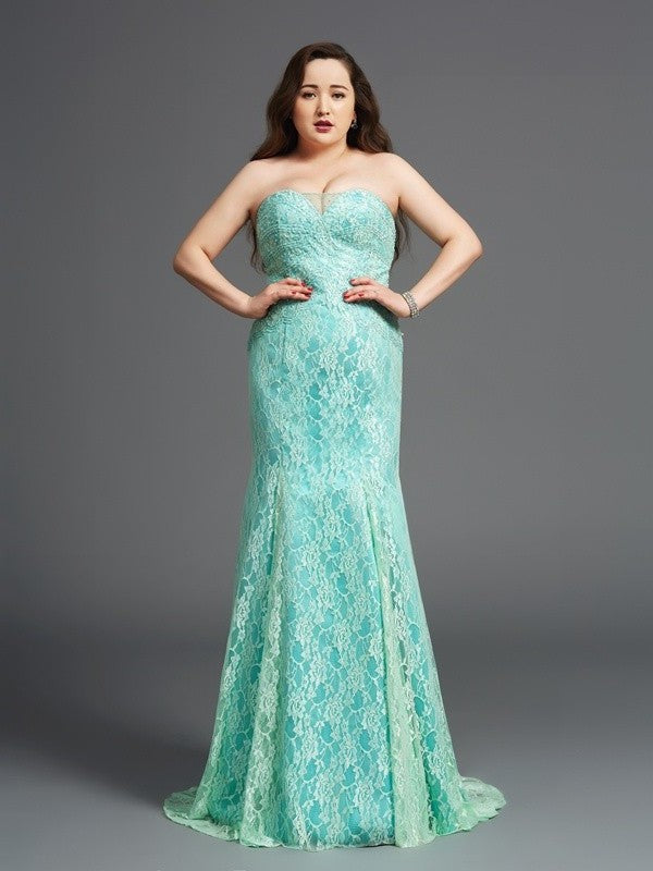 Sheath/Column Strapless Lace Sleeveless Long Satin Plus Size Dresses DFP0004326