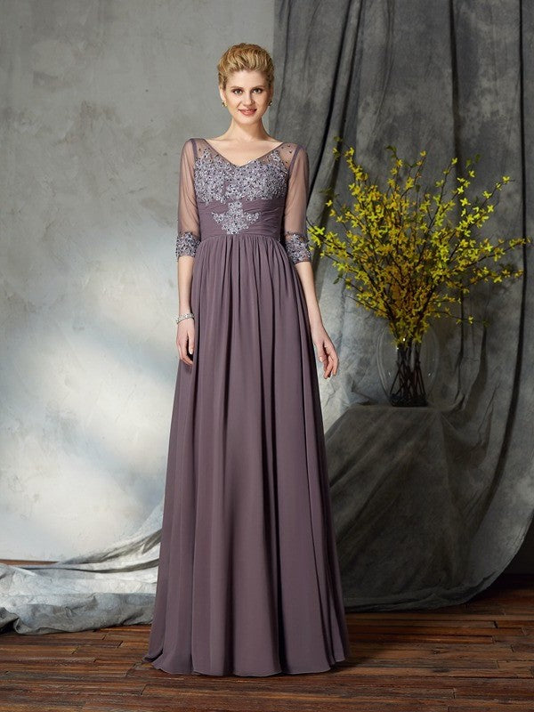 A-Line/Princess V-neck 1/2 Sleeves Long Chiffon Mother of the Bride Dresses DFP0007305