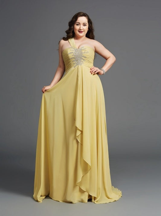 A-Line/Princess One-Shoulder Rhinestone Sleeveless Long Chiffon Plus Size Dresses DFP0003729