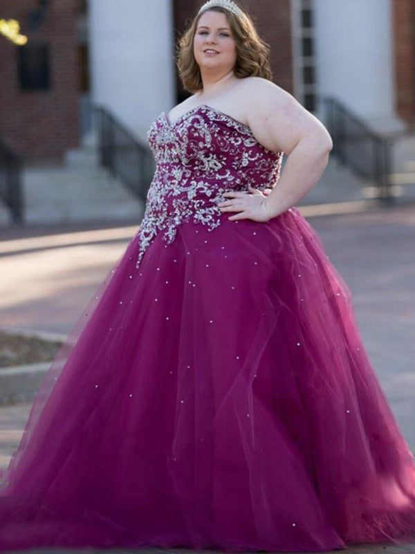 Ball Gown Sweetheart Sleeveless Beading Floor-Length Tulle Plus Size Dresses DFP0003345