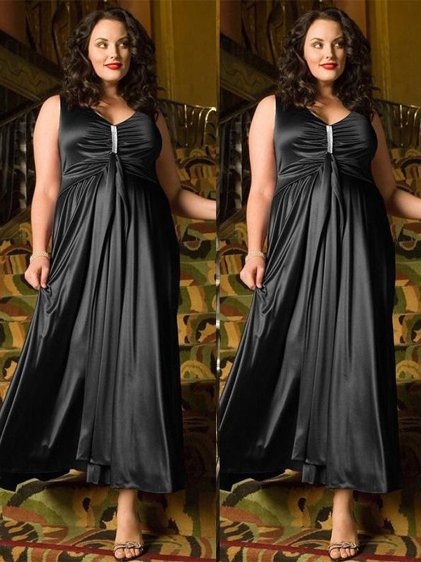 A-Line/Princess V-neck Sleeveless Beading Ankle-Length Elastic Woven Satin Plus Size Dresses DFP0003416