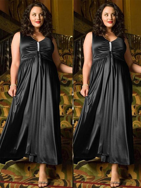 A-Line/Princess V-neck Sleeveless Beading Ankle-Length Elastic Woven Satin Plus Size Dresses DFP0003416