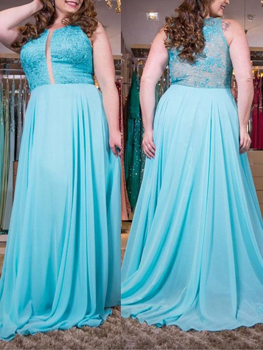 A-Line/Princess Scoop Sleeveless Applique Sweep/Brush Train Chiffon Plus Size Dresses DFP0004074