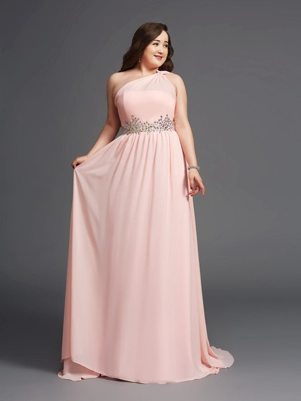 A-Line/Princess One-Shoulder Rhinestone Sleeveless Long Chiffon Plus Size Dresses DFP0002809