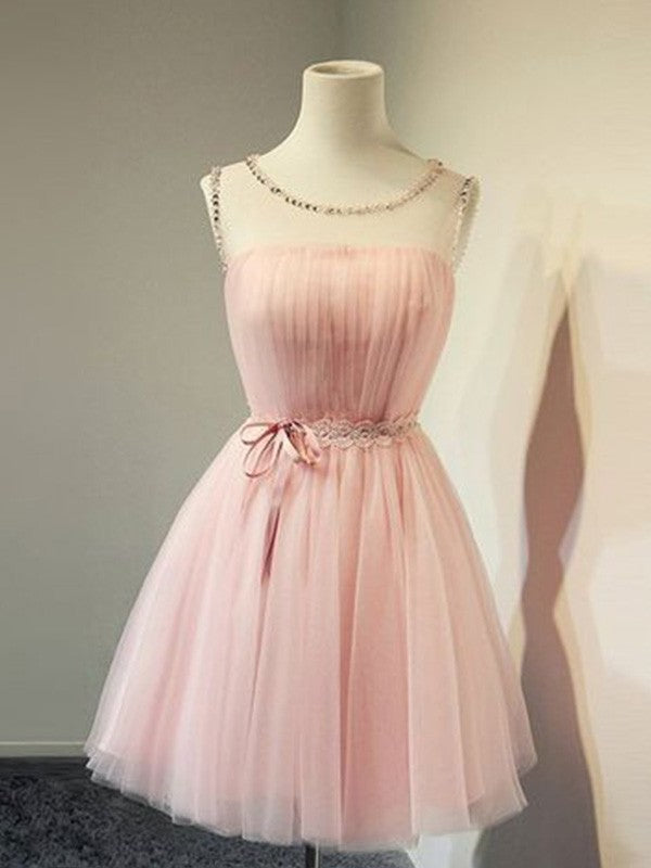 A-Line/Princess Tulle Beading Scoop Sleeveless Short/Mini Homecoming Dresses DFP0004030