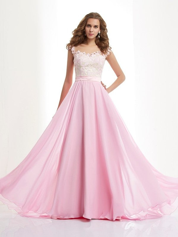 A-Line/Princess Straps Applique Sleeveless Beading Long Chiffon Dresses DFP0002262