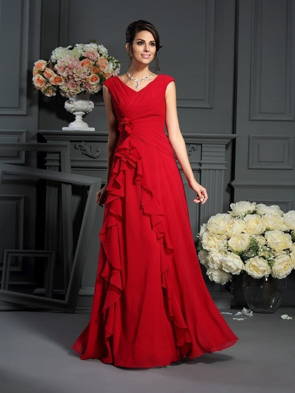 A-Line/Princess V-neck Hand-Made Flower Sleeveless Long Chiffon Mother of the Bride Dresses DFP0007227