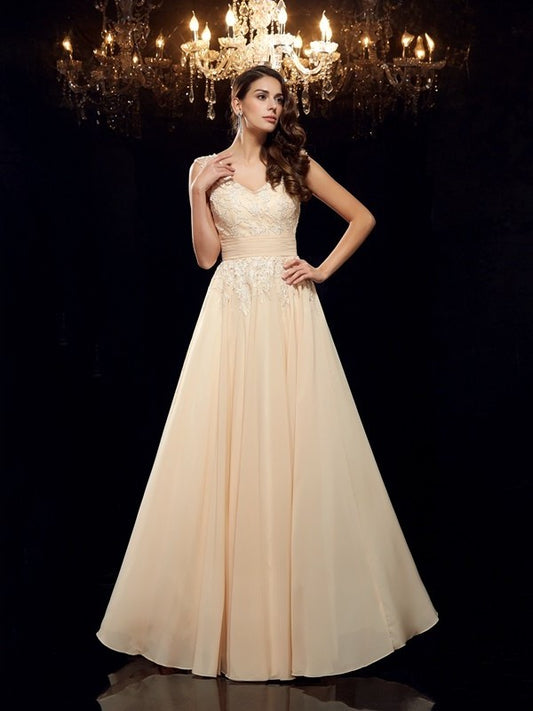 A-Line/Princess Straps Applique Sleeveless Long Chiffon Mother of the Bride Dresses DFP0007358