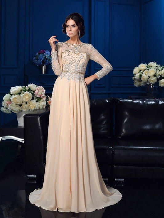 A-Line/Princess Scoop Beading Long Sleeves Long Chiffon Mother of the Bride Dresses DFP0007085