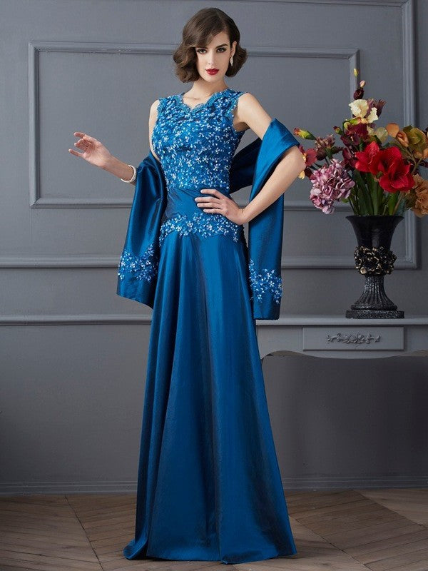 A-Line/Princess V-neck Sleeveless Beading Long Taffeta Mother of the Bride Dresses DFP0007375