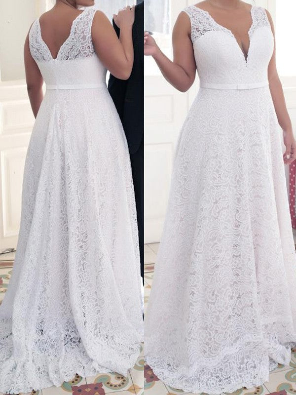 A-Line/Princess V-neck Sleeveless Lace Sweep/Brush Train Lace Plus Size Dresses DFP0002531