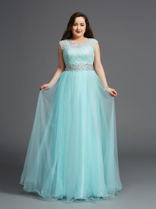 A-Line/Princess Scoop Rhinestone Sleeveless Long Tulle Plus Size Dresses DFP0002521