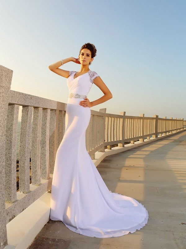 Sheath/Column V-neck Beading Sleeveless Long Chiffon Beach Wedding Dresses DFP0006314