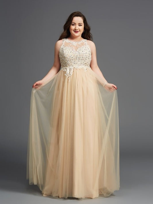 A-Line/Princess Scoop Rhinestone Sleeveless Long Net Plus Size Dresses DFP0002995