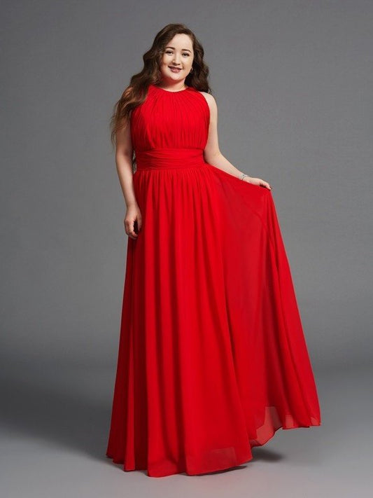 A-Line/Princess Jewel Ruched Sleeveless Long Chiffon Plus Size Dresses DFP0003119