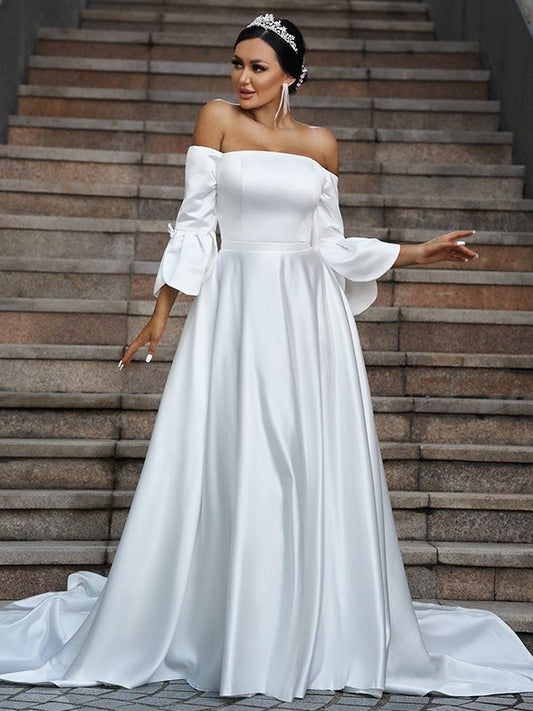 A-Line/Princess Charmeuse Ruffles Off-the-Shoulder 3/4 Sleeves Sweep/Brush Train Wedding Dresses DFP0006367