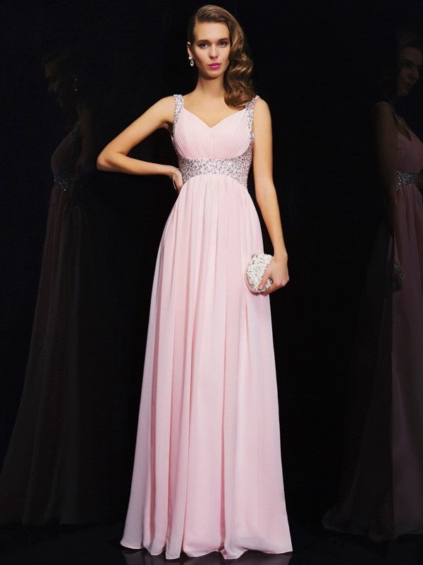 A-Line/Princess Sleeveless V-neck Beading Long Chiffon Dresses DFP0003163