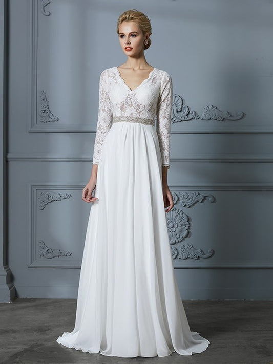 A-Line/Princess 3/4 Sleeves V-neck Lace Sweep/Brush Train Chiffon Wedding Dresses DFP0006390