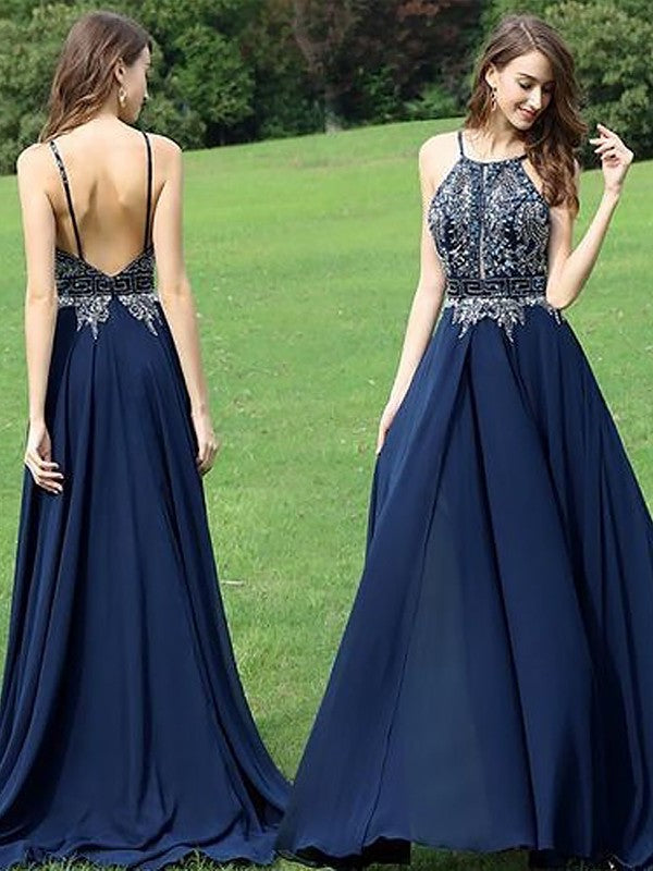 A-Line/Princess Sleeveless Halter Chiffon Beading Sweep/Brush Train Dresses DFP0002106