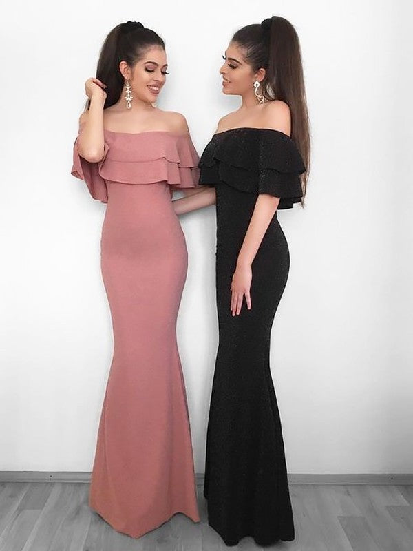 Sheath/Column Off-the-Shoulder Sleeveless Floor-Length Ruffles Stretch Crepe Dresses DFP0002389