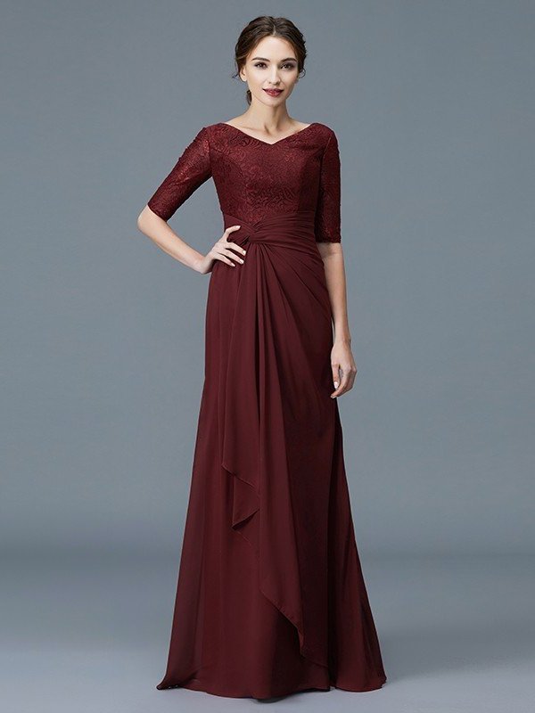 A-Line/Princess V-neck 1/2 Sleeves Ruffles Chiffon Floor-Length Mother of the Bride Dresses DFP0007046