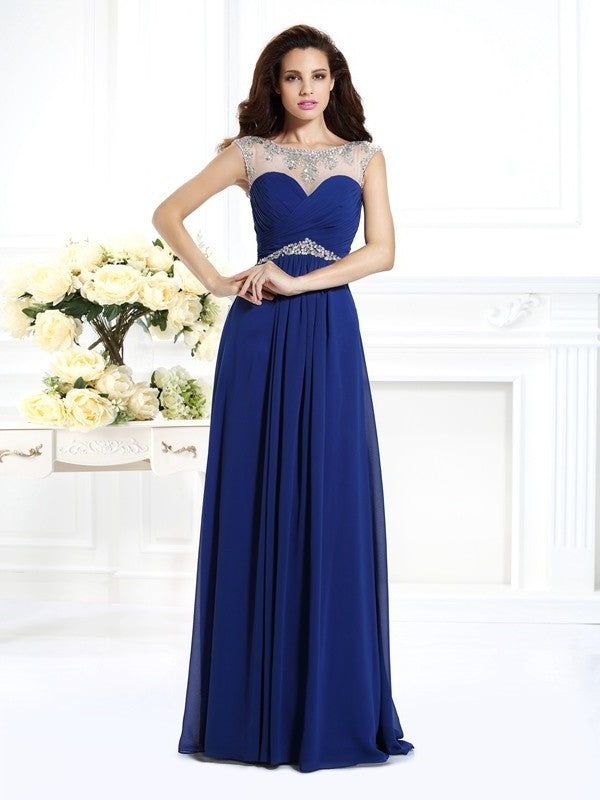 A-Line/Princess Bateau Beading Sleeveless Long Chiffon Dresses DFP0003076