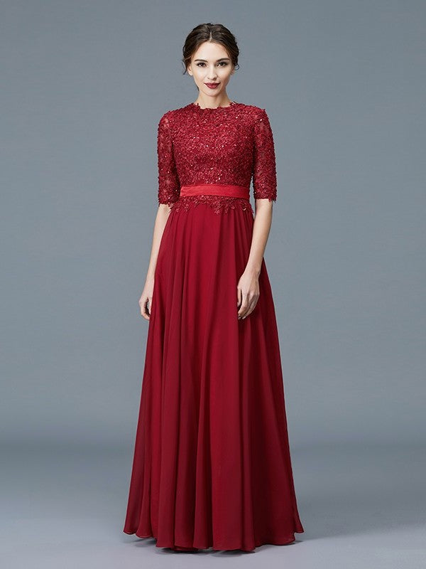 A-Line/Princess Scoop 1/2 Sleeves Chiffon Applique Floor-Length Mother of the Bride Dresses DFP0007199